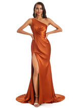 Sexy Soft Satin One Shoulder Side-Slit Floor-Length Mermaid Bridesmaid Dresses