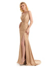 Sexy Side Slit V-neck Floor-Length Satin Maxi Mermaid Fomral Prom Dresses Online