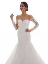 Sweetheart Long Sleeves Long Mermaid Ivory Lace Chapel Train Wedding Dresses