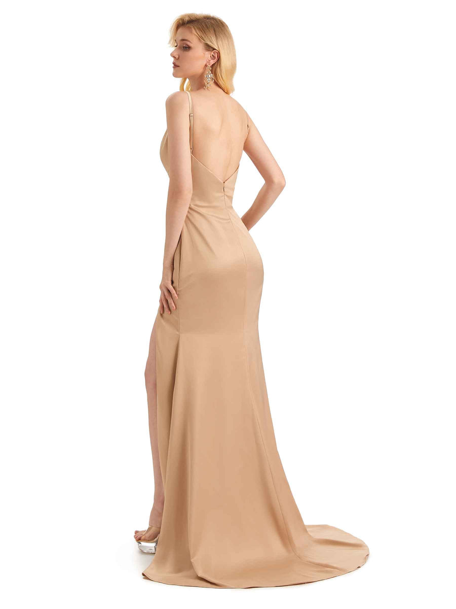 Sexy Side Slit V-neck Floor-Length Satin Maxi Mermaid Fomral Prom Dresses Online