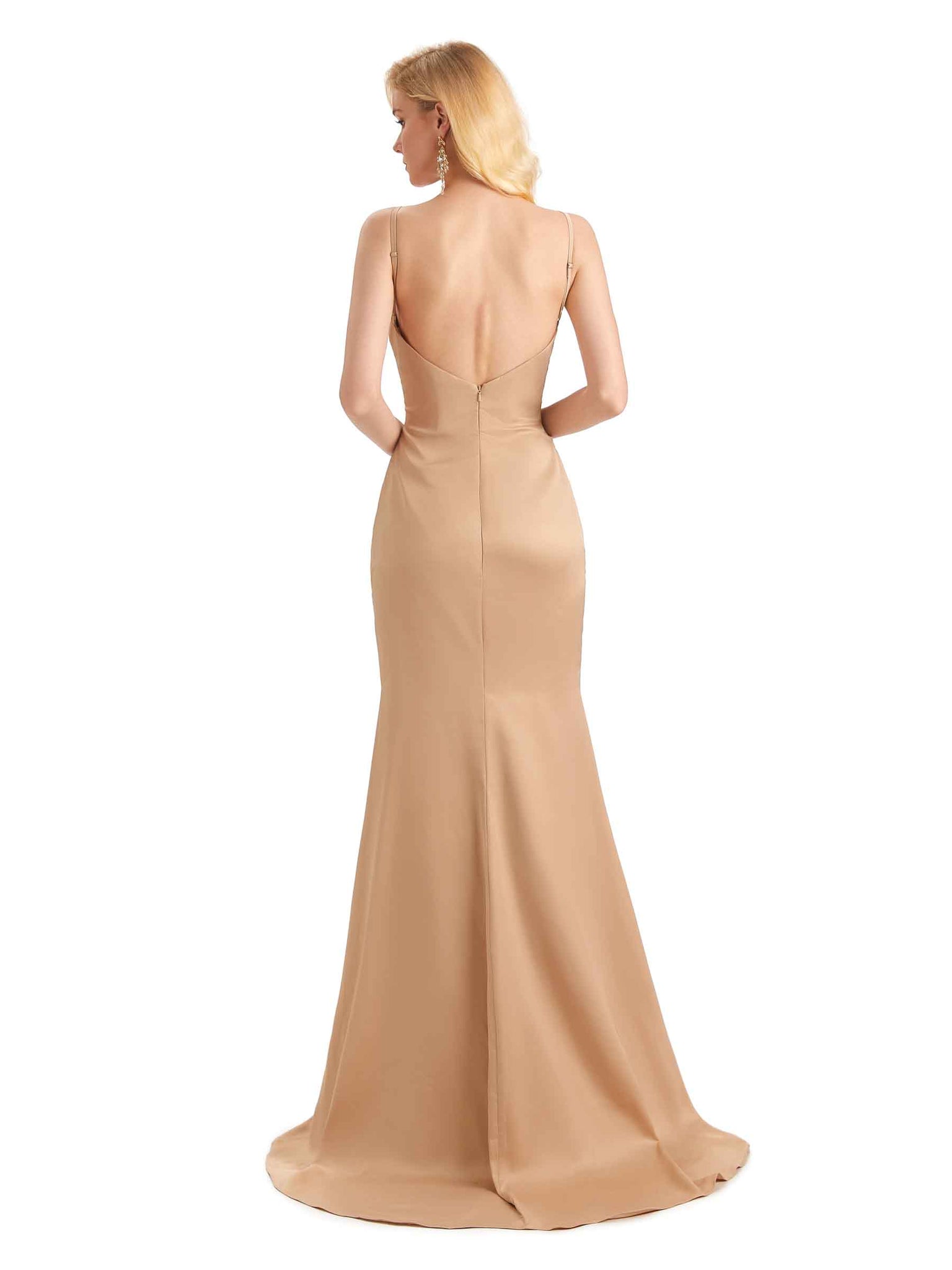 Sexy Side Slit V-neck Long Satin Maxi Mermaid Bridesmaid Dresses Online