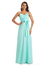 Sexy Soft Satin Spaghetti Straps Floor-Length A-Line Long Bridesmaid Dresses