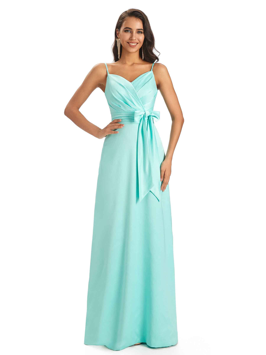 Sexy Soft Satin Spaghetti Straps Floor-Length A-Line Long Bridesmaid Dresses
