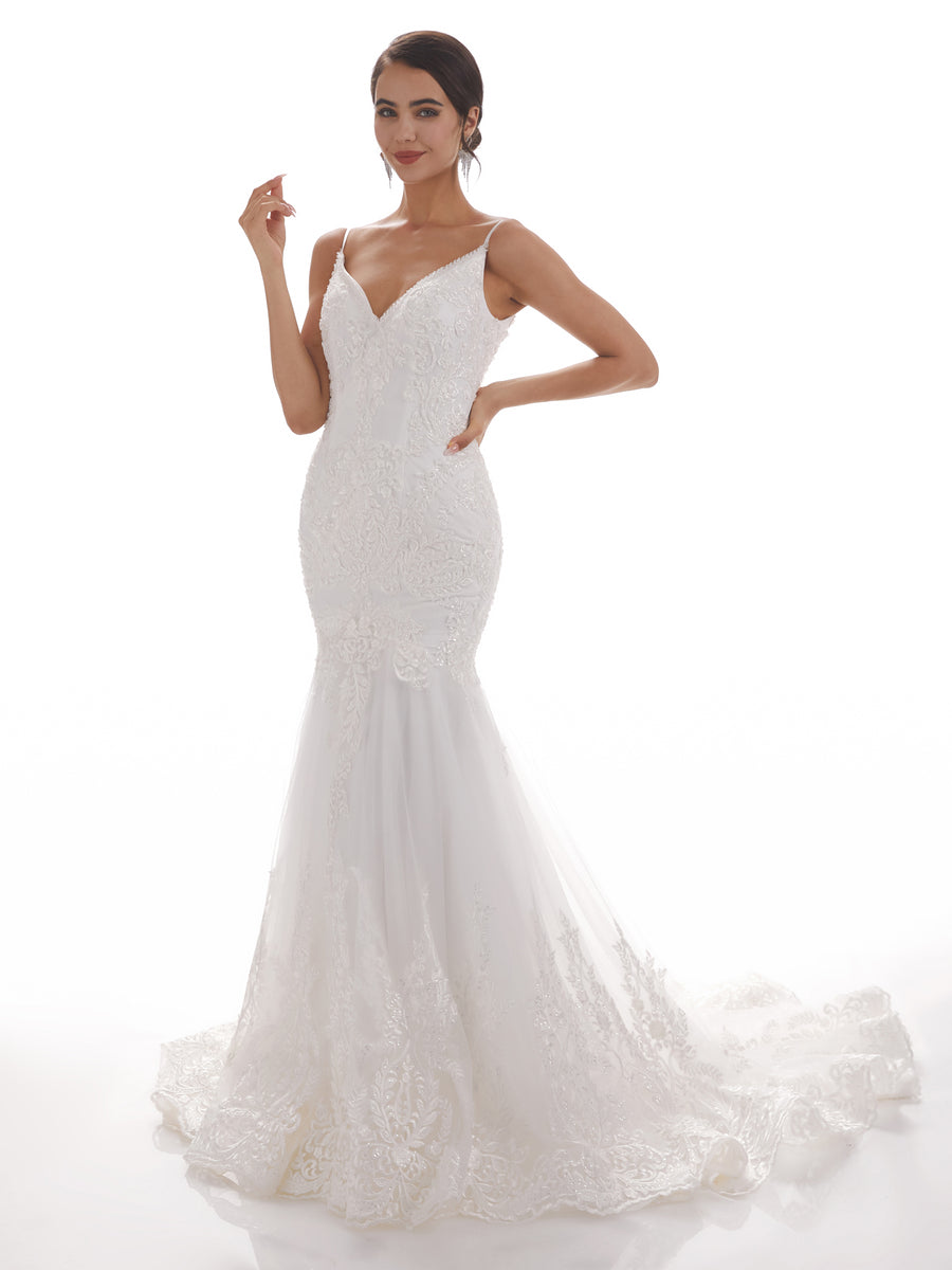 Spaghetti Straps Mermaid Ivory Mermaid Lace Wedding Dresses