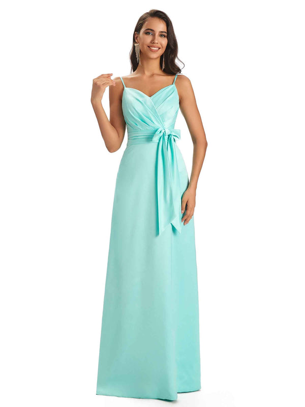 Sexy Soft Satin Spaghetti Straps Elegant A-Line Long Prom Dresses