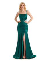 Sexy Side Slit Halter Straps Soft Satin Long Mermaid Evening Prom Dresses