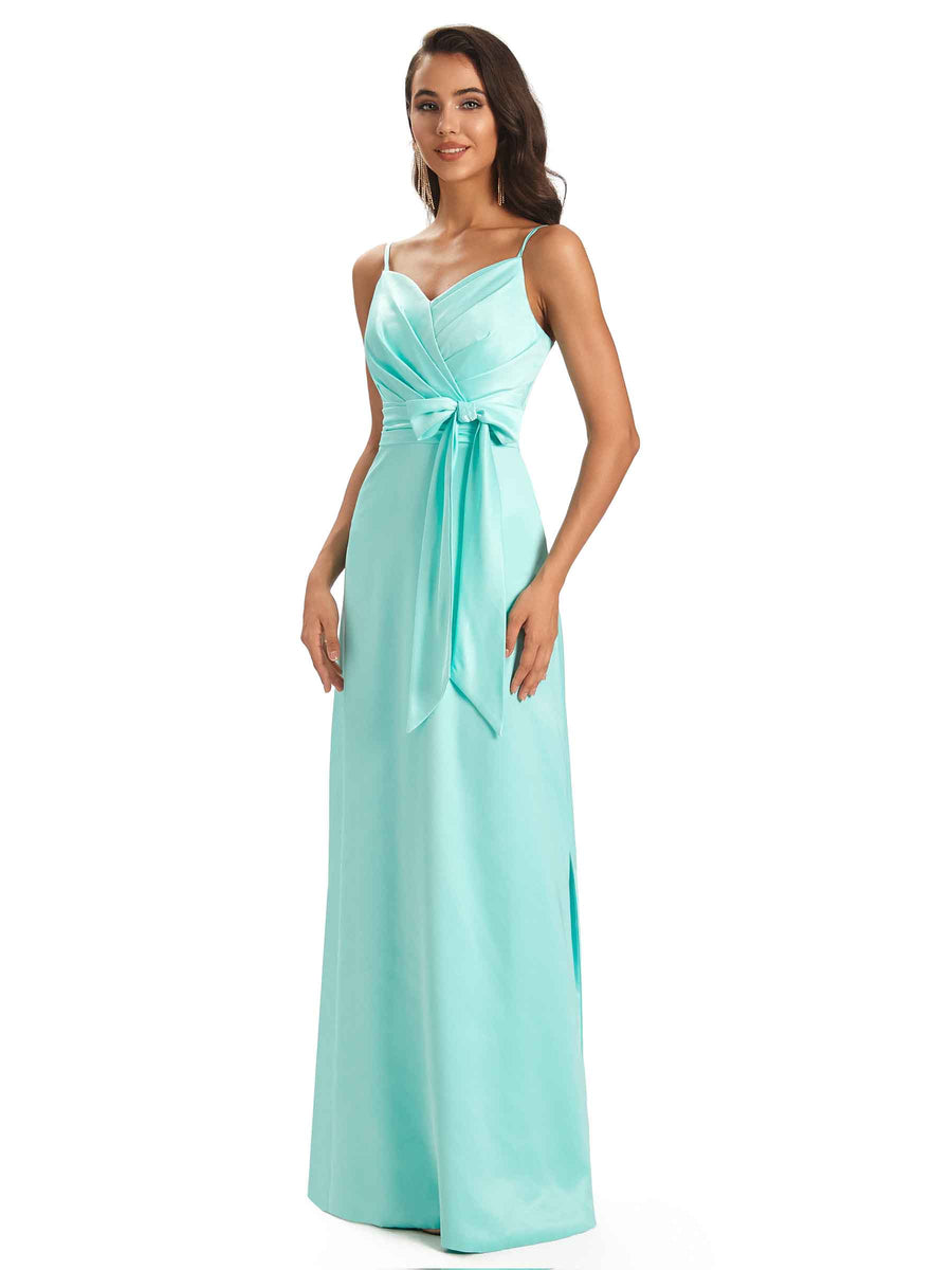 Sexy Soft Satin Spaghetti Straps Floor-Length A-Line Long Bridesmaid Dresses