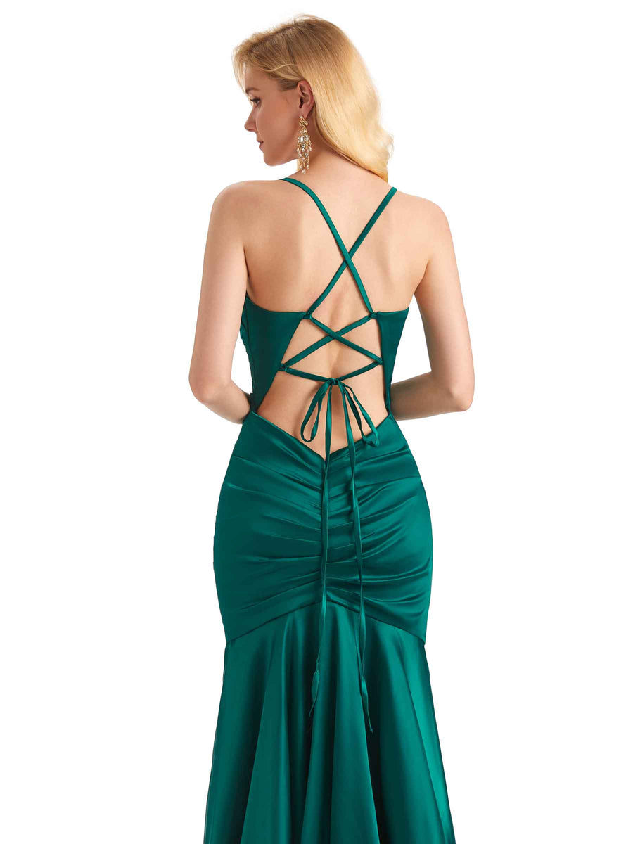 Sexy Soft Satin Side Slit Halter Straps Long Mermaid Maid Of Honor Dresses