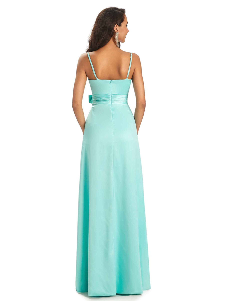 Sexy Soft Satin Spaghetti Straps Elegant A-Line Long Prom Dresses