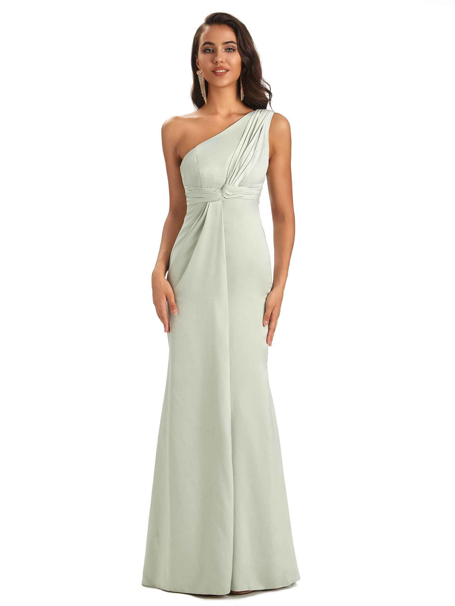Sexy Unique Side Slit One Shoulder Simple Satin Prom Dresses