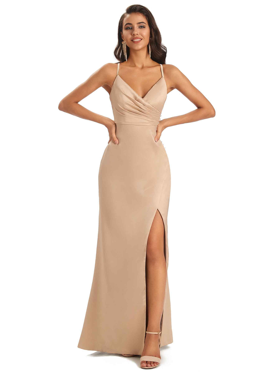 Simple Satin Side Slit Spaghetti Straps Long Sexy Mermaid Prom Dresses