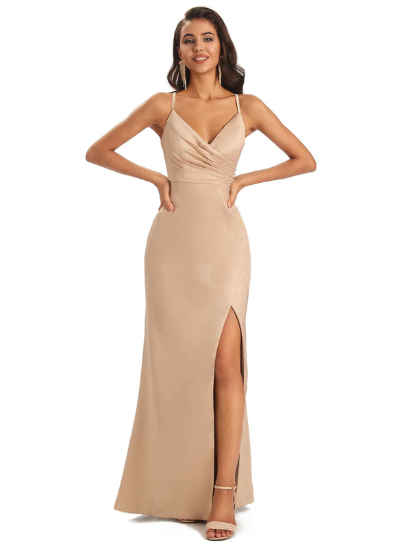 Soft Satin Side Slit Spaghetti Straps Floor-Length Sexy Mermaid Bridesmaid Dresses