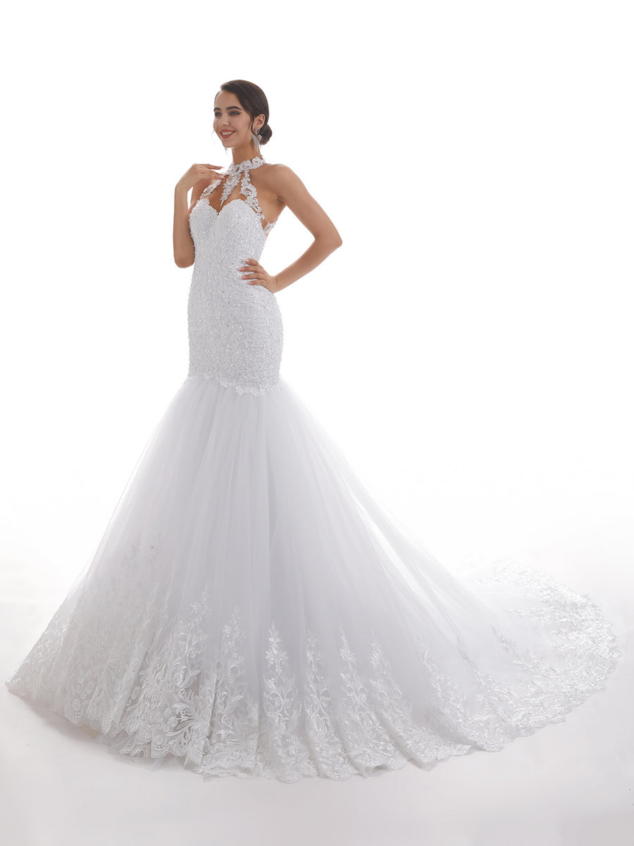 Halter Sexy Mermaid Open Back Long Lace Wedding Dresses