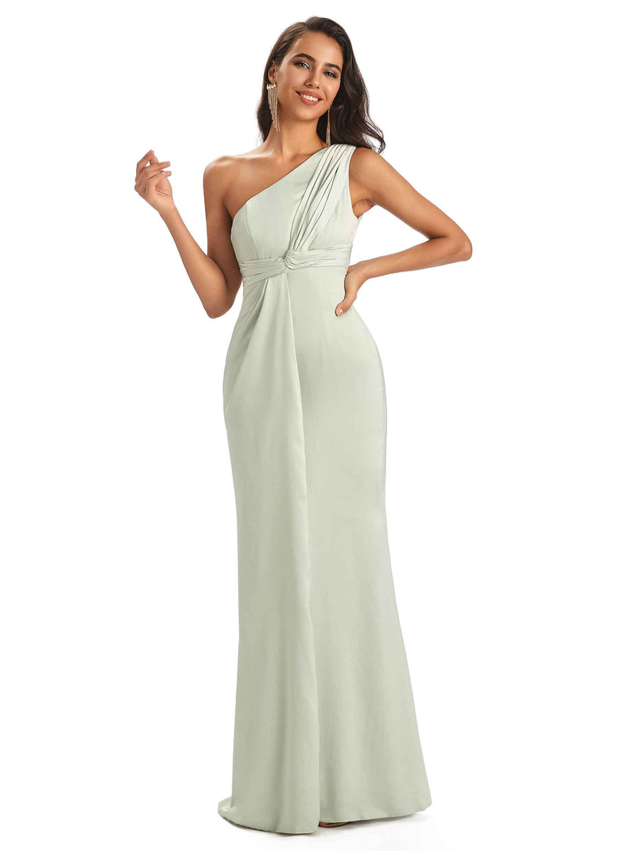 Sexy Soft Satin Side Slit One Shoulder Mermaid Maxi Bridesmaid Dresses
