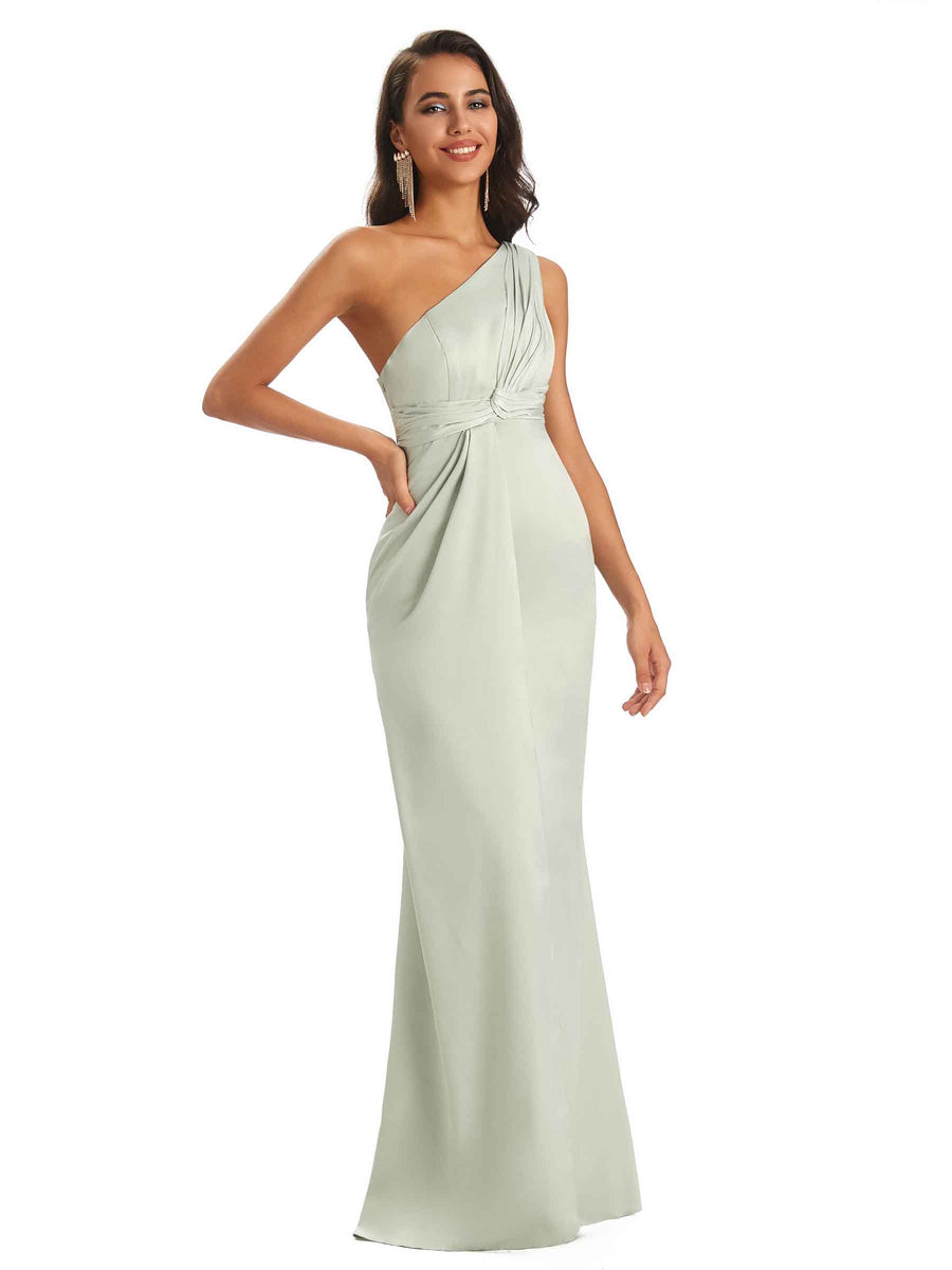 Sexy Soft Satin Side Slit One Shoulder Mermaid Maxi Bridesmaid Dresses