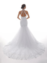 Halter Sexy Mermaid Open Back Long Lace Wedding Dresses