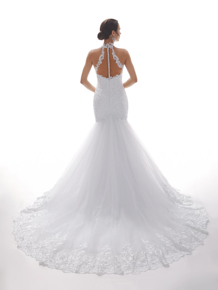 Halter Sexy Mermaid Open Back Long Lace Wedding Dresses