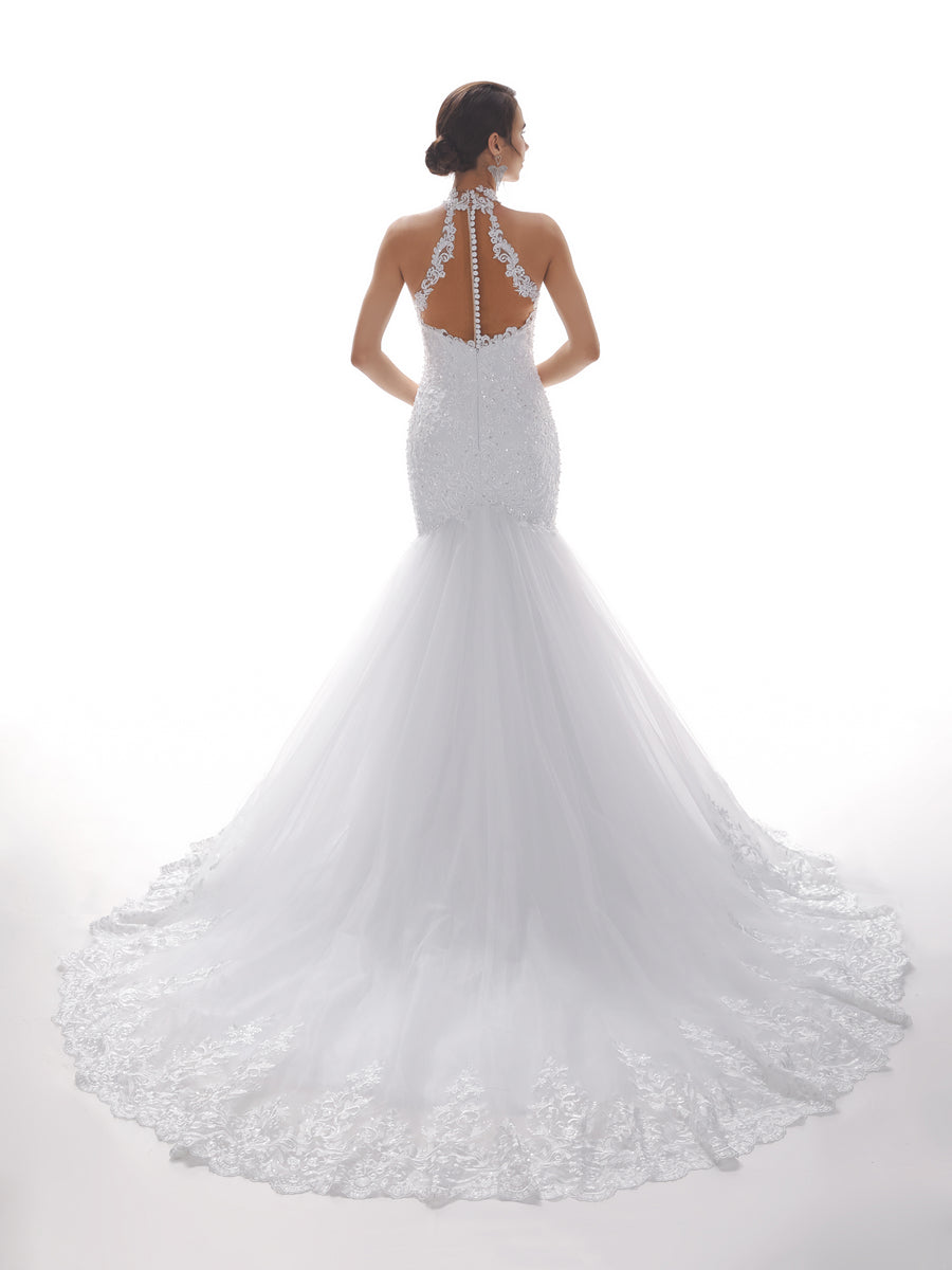 Halter Sexy Mermaid Open Back Long Lace Wedding Dresses