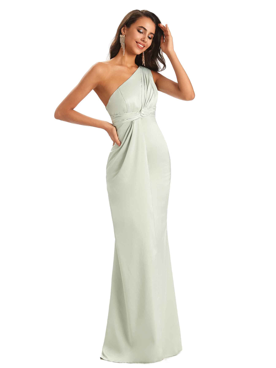 Sexy Soft Satin Side Slit One Shoulder Mermaid Maxi Bridesmaid Dresses