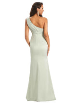 Sexy Unique Side Slit One Shoulder Simple Satin Prom Dresses