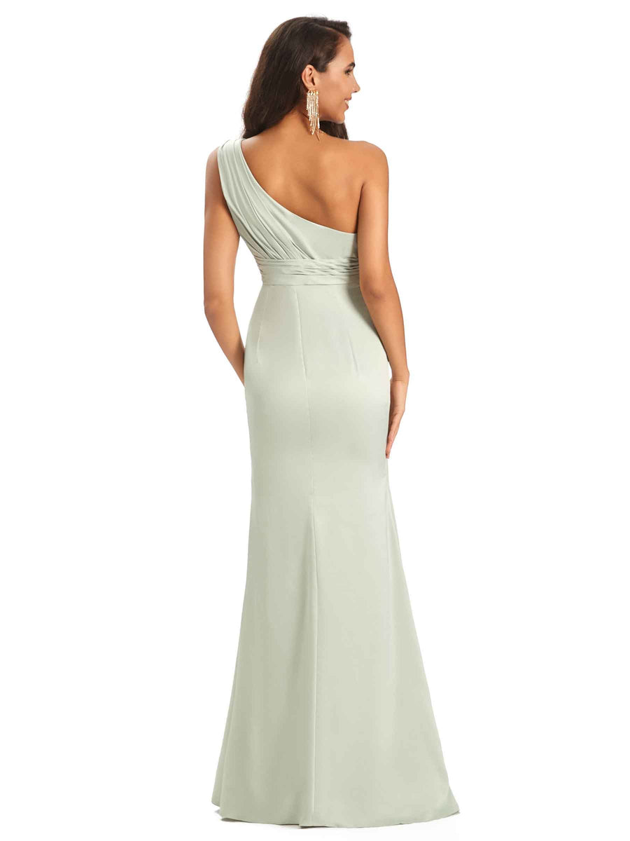 Sexy Unique Side Slit One Shoulder Simple Satin Prom Dresses