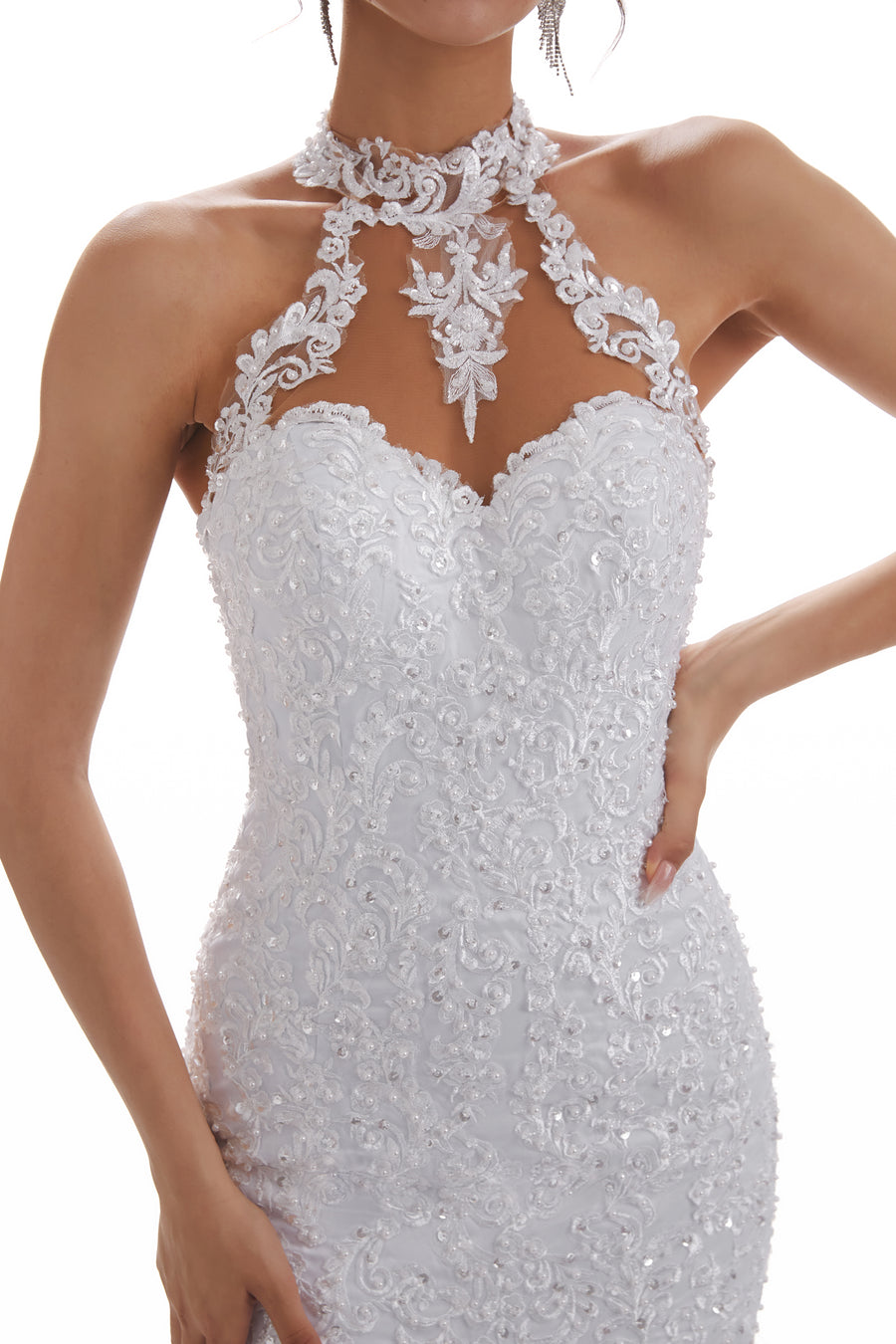 Halter Sexy Mermaid Open Back Long Lace Wedding Dresses