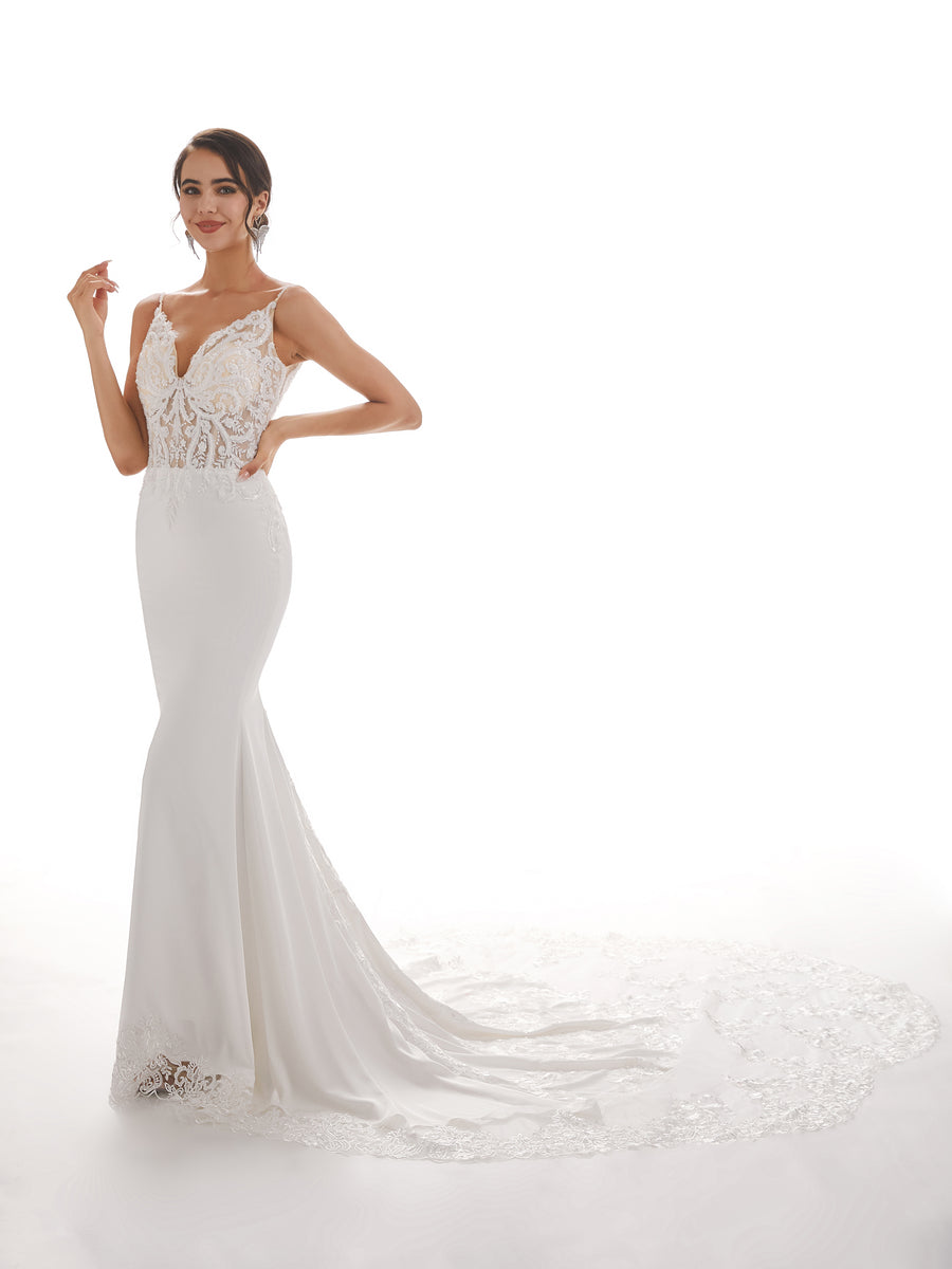 Spaghetti Straps Mermaid Ivory Backless Lace Wedding Dresses
