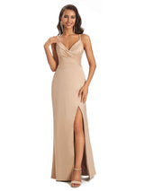 Simple Satin Side Slit Spaghetti Straps Long Sexy Mermaid Prom Dresses