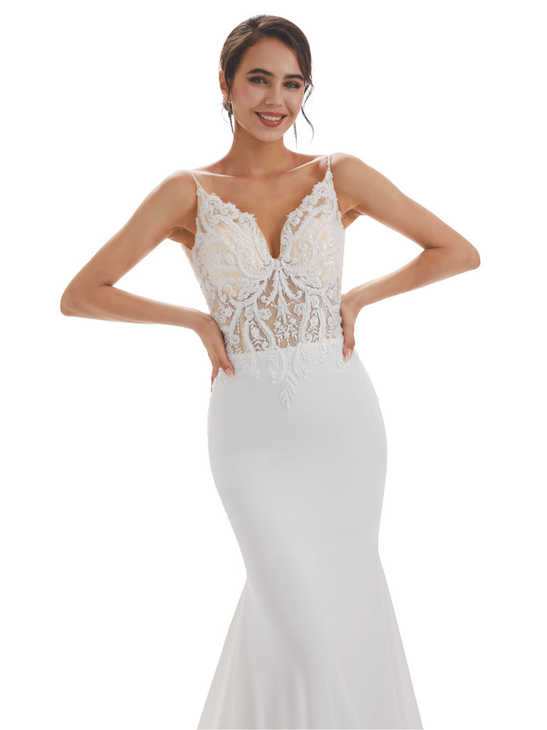 Spaghetti Straps Mermaid Ivory Backless Lace Wedding Dresses