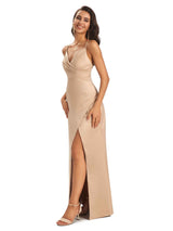 Simple Satin Side Slit Spaghetti Straps Long Sexy Mermaid Prom Dresses