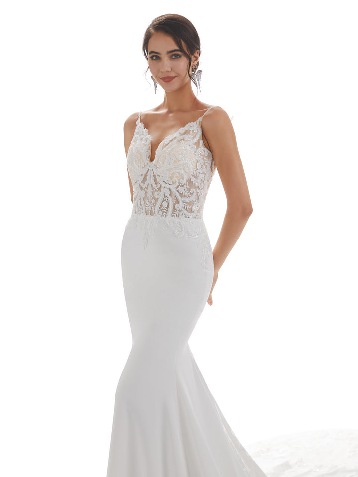 Spaghetti Straps Mermaid Ivory Backless Lace Wedding Dresses