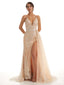 Spaghetti Straps Mermaid Champagne Side Slit Lace Wedding Dresses