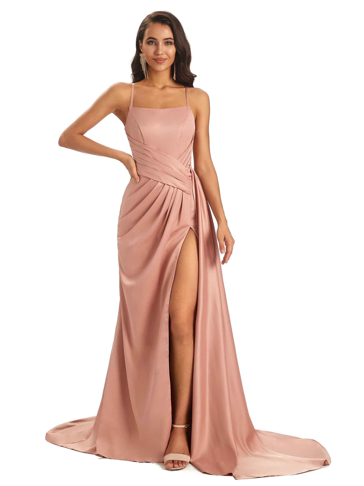 Sexy Ruched Satin Unique Long Evening Dresses For Women Side Slit Spaghetti Straps