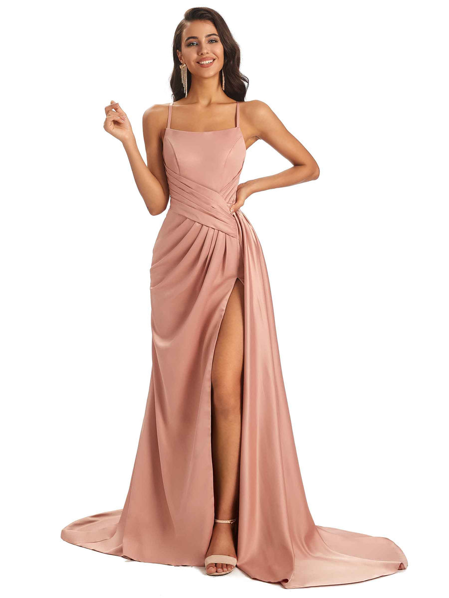 Sexy Soft Satin Side Slit Spaghetti straps Long Maxi Bridesmaid Dresses