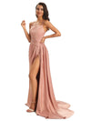 Sexy Soft Satin Side Slit Spaghetti Straps Long A-line Prom Dresses Online