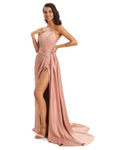 Sexy Ruched Satin Unique Long Evening Dresses For Women Side Slit Spaghetti Straps