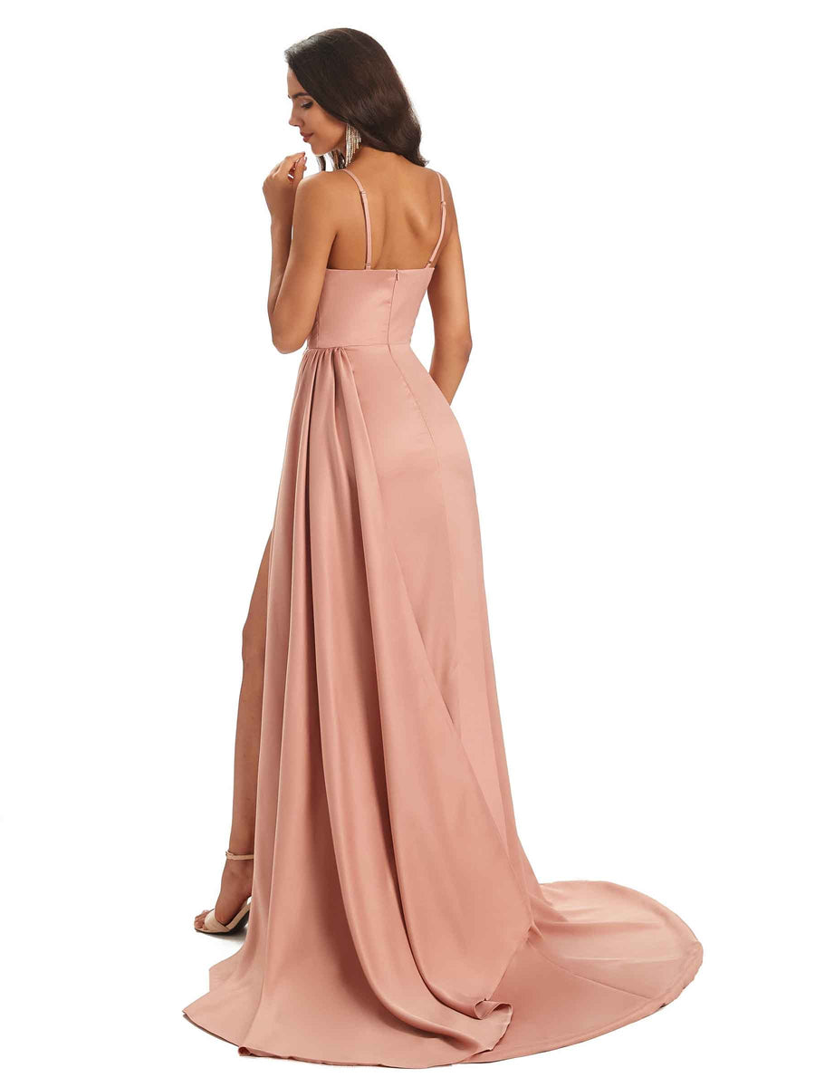 Sexy Soft Satin Side Slit Spaghetti Straps Long A-line Prom Dresses Online