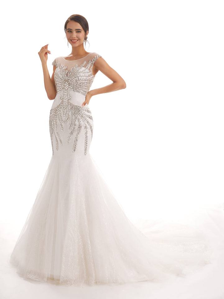 Cap Sleeves Scoop Long Mermaid Rhinestone Long Wedding Dresses