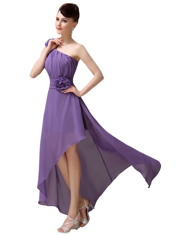 A-line Chiffon One-shoulder High-low Long Bridesmaid Dresses