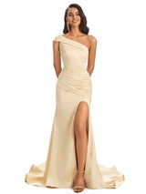 Sexy Satin Side Slit One Shoulder Long Mermaid Prom Dresses Online