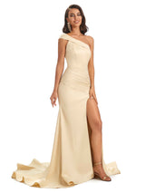 Sexy Soft Satin Side Slit One Shoulder Long Mermaid Bridesmaid Dresses Online