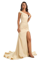Sexy Soft Satin Side Slit One Shoulder Long Mermaid Bridesmaid Dresses Online