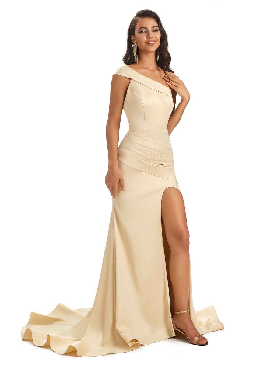 Sexy Satin Side Slit One Shoulder Long Mermaid Prom Dresses Online
