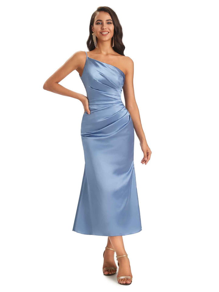 Sexy Soft Satin One Shoulder Tea-Length Short Prom Dresses
