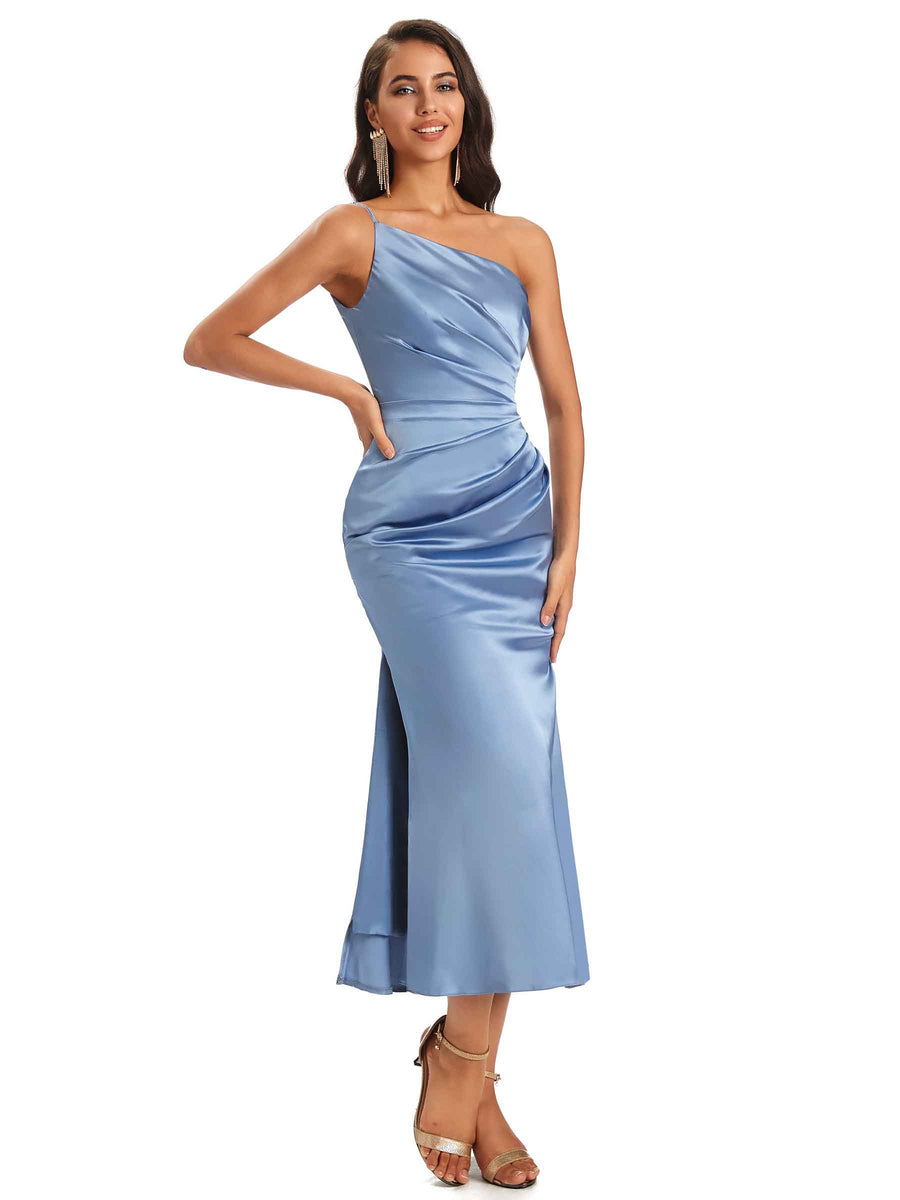 Sexy Soft Satin One Shoulder Tea-Length Midi Mermaid Bridesmaid Dresses