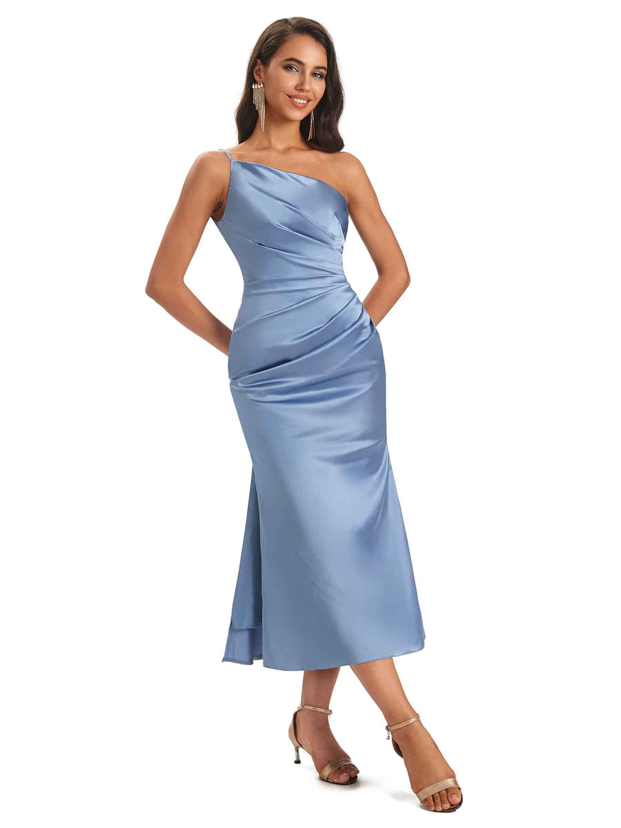Sexy Soft Satin One Shoulder Tea-Length Midi Mermaid Bridesmaid Dresses