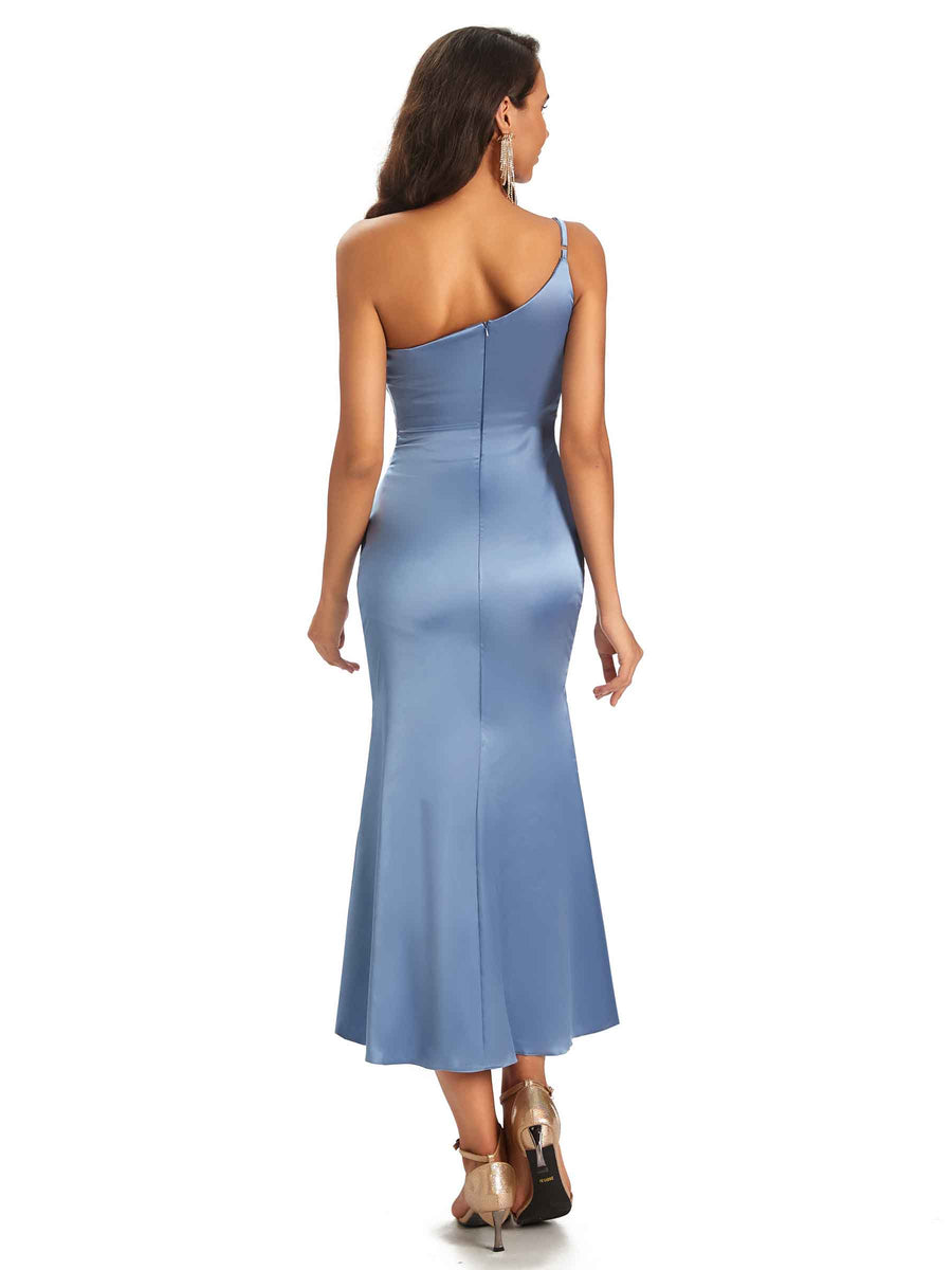 Sexy Soft Satin One Shoulder Tea-Length Midi Mermaid Bridesmaid Dresses