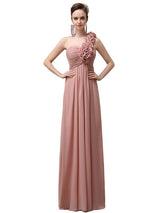 Simple A-line One-Shoulder Floor-Length Chiffon Long Bridesmaid Dresses