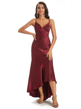 Spaghetti Straps Asymetric Sheath Soft Satin Side Slit Prom Dresses Online