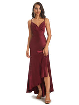 Spaghetti Straps Asymetric Sheath Soft Satin Side Slit HIgh Low Bridesmaid Dresses